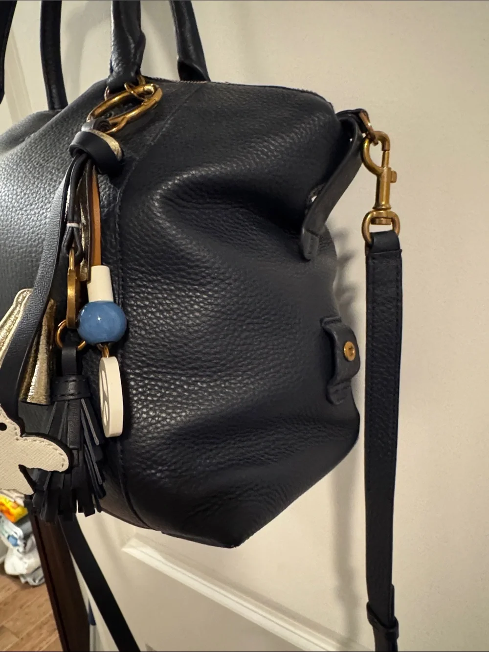 Tory Burch Navy Leather Satchel with Gold Tassel Charm